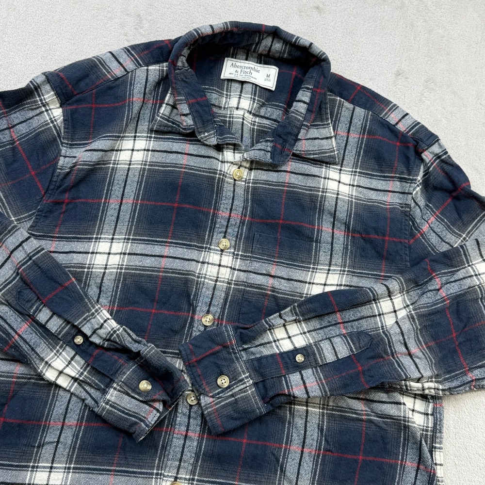 Abercrombie & Fitch Flannel Shirt Mens M Navy Blue Plaid Long Sleeve Button Down